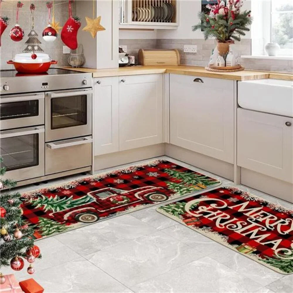 Set‎ of 2 Christmas Kitchen Mats, Red Truck Buffalo Plaid, Farmhouse Decor
